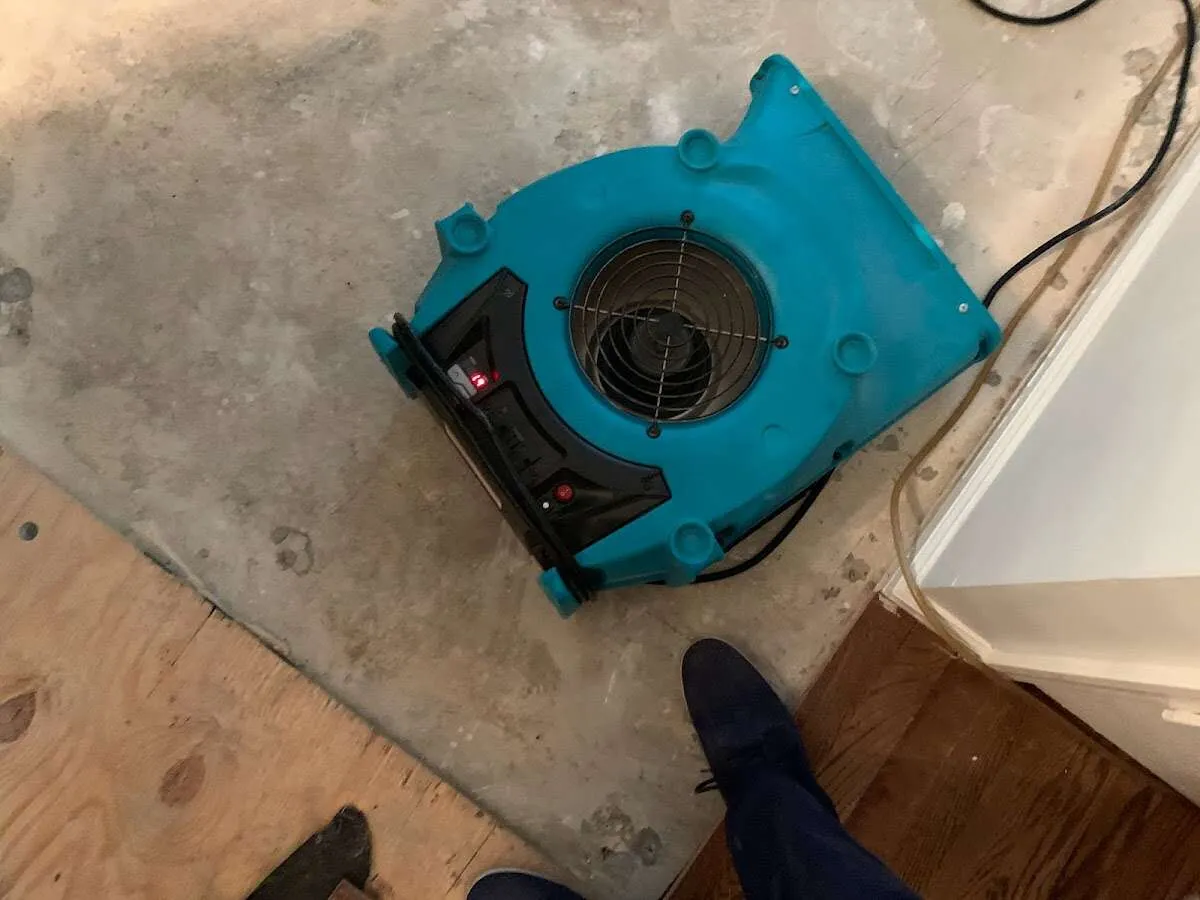 Air mover drying subfloor during Commercial Water Damage Restoration in University of Virginia